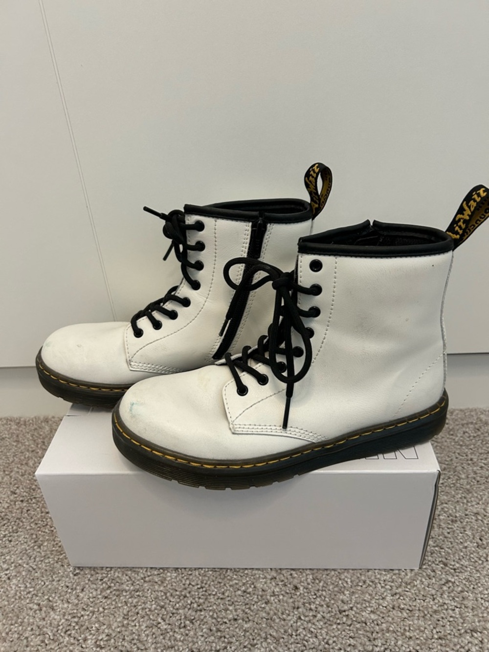 Dr. Martens White Leather Lace-Up Ankle Boots with Black Trim